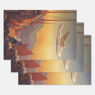 Feuille De Papier Cadeau Voyage Vintage, Avion au-dessus de jonques à Hong 