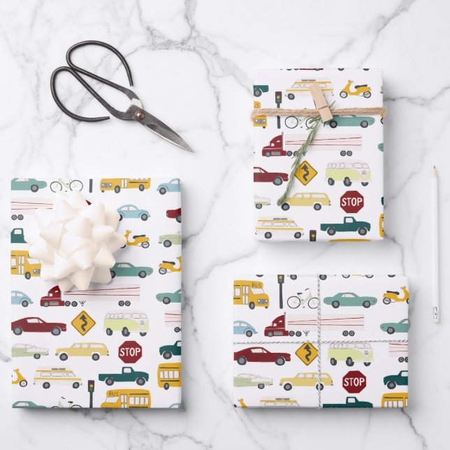 Feuille De Papier Cadeau Vroom ! Motif de la circulation Voitures Camions A (Recto)