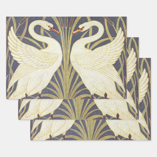 Feuille De Papier Cadeau Walter Crane Swan, Rush Et Iris Art Nouveau (Lot)