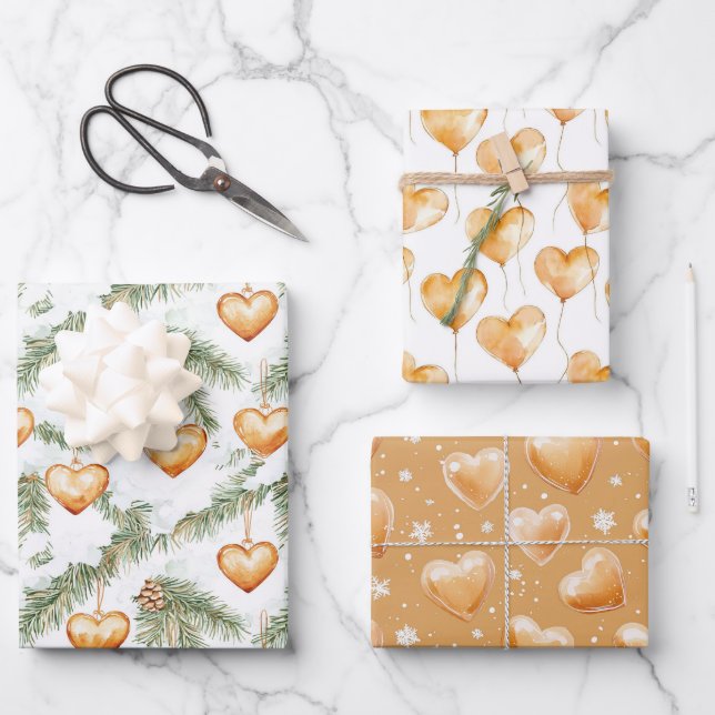 Feuille De Papier Cadeau Warm Creamy Caramel Hearts Christmas Tree Branches (Recto)
