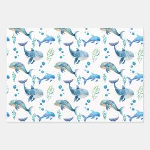 Feuille De Papier Cadeau Watercolor Blue Whale Motif sans couture