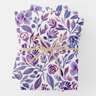 Feuille De Papier Cadeau Watercolor Pattern with Purple Flowers and Leaves