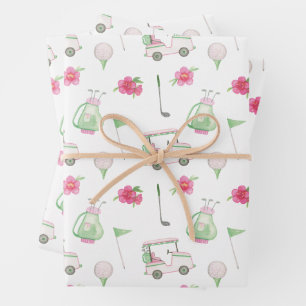 Feuille De Papier Cadeau Watercolor Pink & Green Golf Cart