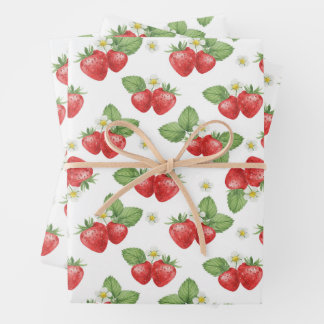 Feuille De Papier Cadeau Watercolor Strawberry Fruit and Flowers 