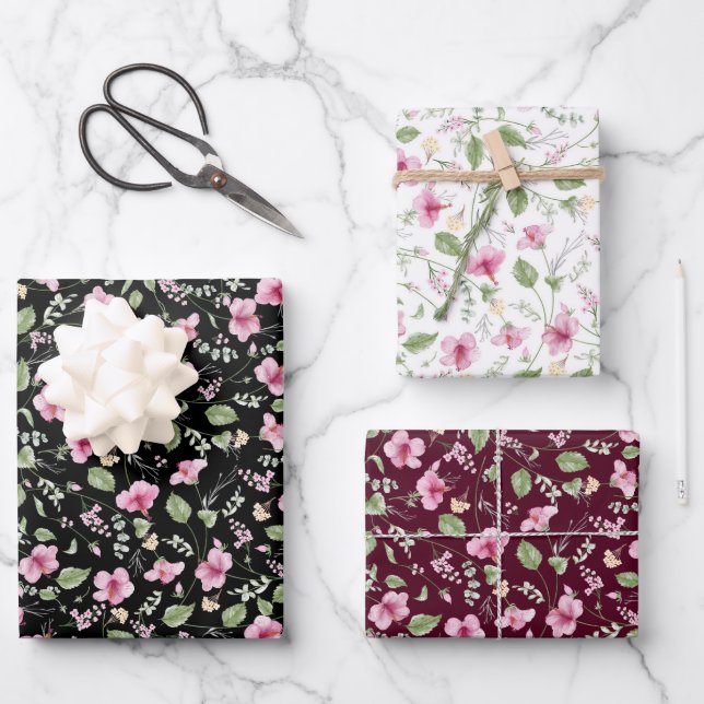 Feuille De Papier Cadeau Wedding shower en fleur d'Hibiscus rose bleu marin (Recto)