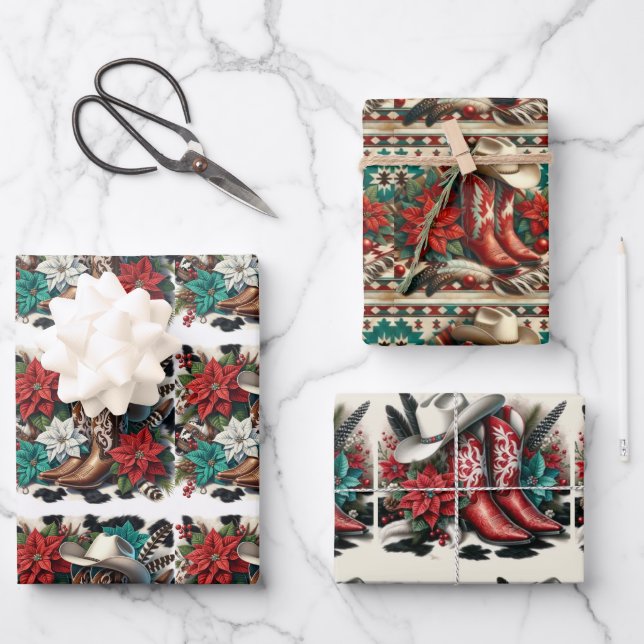 Feuille De Papier Cadeau Western Cowboy Boots Casquette et Poinsettia Noël (Recto)