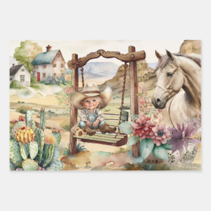 Feuille De Papier Cadeau Western decoupage - little cowgirl on swing horse 