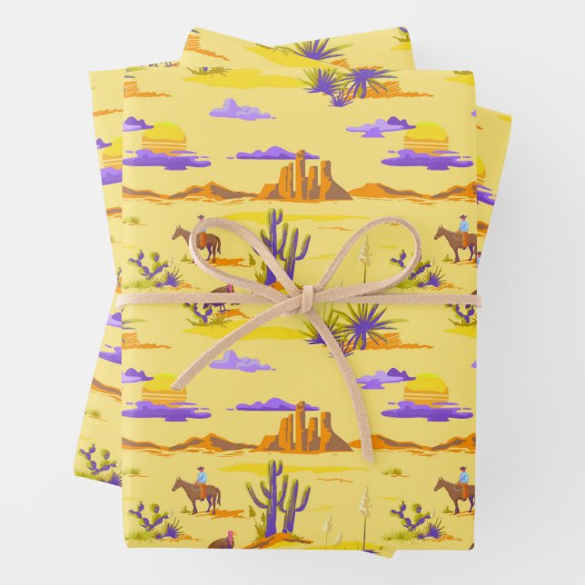 Feuille De Papier Cadeau Western Desert Cowboy Horse Mesa Cactus Rustique (En situation)