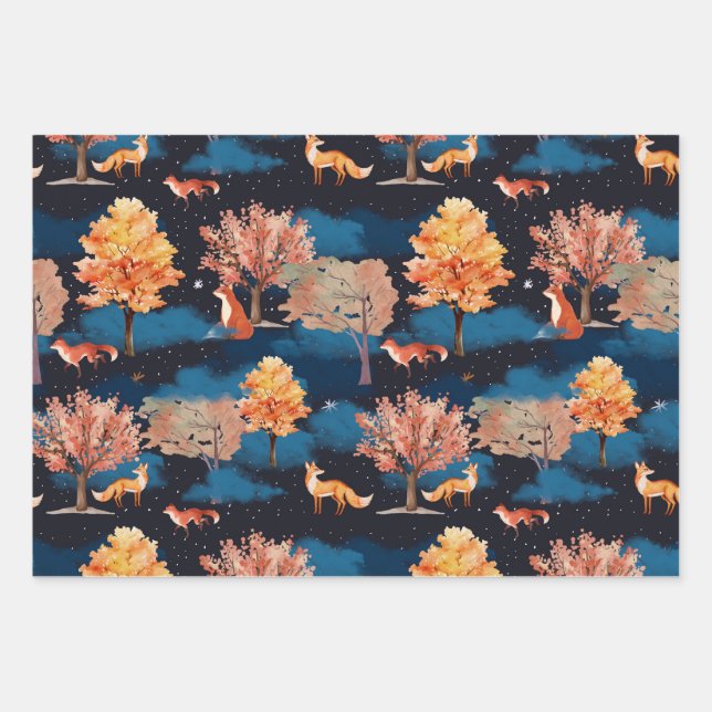 Feuille De Papier Cadeau Whimsical Autumn Fox Night Forest Seamless Pattern (Devant)