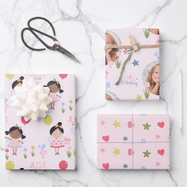 Feuille De Papier Cadeau Whimsical Birthday fée rose personnalisée Wrappin (Recto)