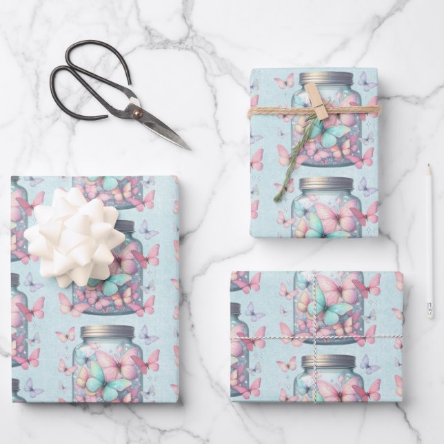 Feuille De Papier Cadeau  Whimsical Butterflies in a Jar Pattern (Recto)
