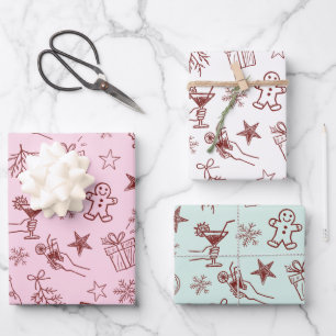 Feuille De Papier Cadeau Whimsical main dessinée Doodles de Noël Motif