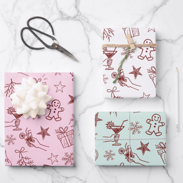 Feuille De Papier Cadeau Whimsical main dessinée Doodles de Noël Motif (Recto)