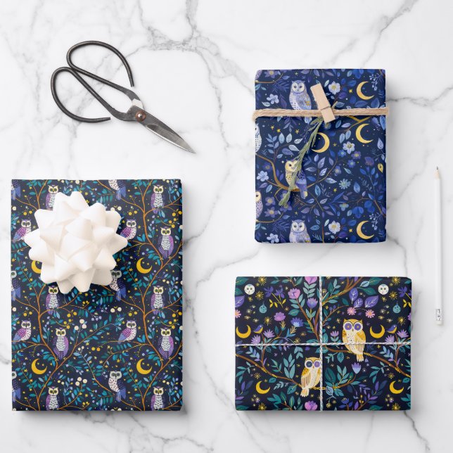 Feuille De Papier Cadeau Whimsical Night Owl Motif - Forêt Enchantant (Recto)