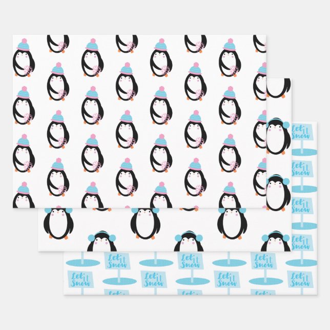 Feuille De Papier Cadeau Whimsical Penguin Snowflakes Noël (Lot)
