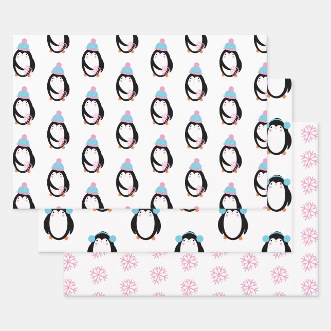 Feuille De Papier Cadeau Whimsical Penguin Snowflakes Noël (Lot)