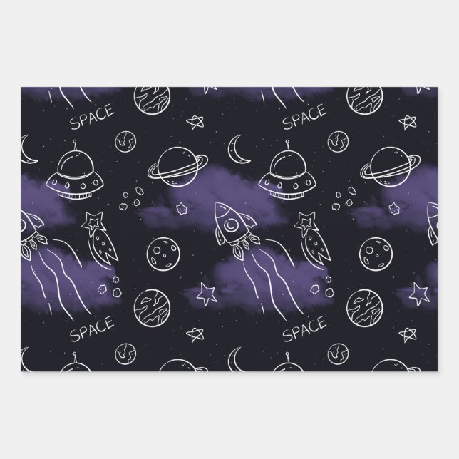 Feuille De Papier Cadeau Whimsical Purple Outer Space Seamless Pattern (Devant)