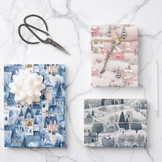 Feuille De Papier Cadeau Whimsical Snowy Winter Village Holiday Pattern 