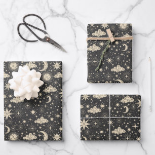 Feuille De Papier Cadeau Whimsical Star Moon Planètes Nuages