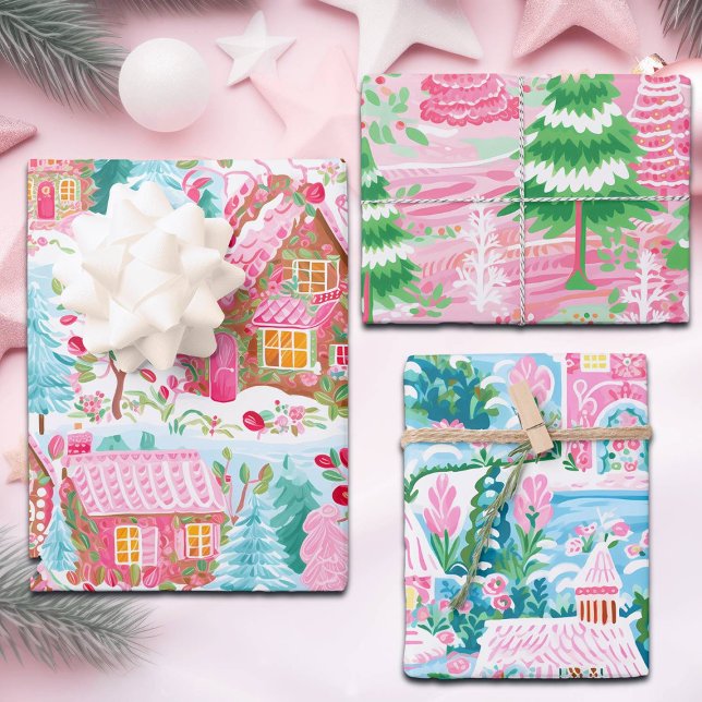 Feuille De Papier Cadeau Whimsstel Pastel Pink Gingerbread Village, (Créateur téléchargé)