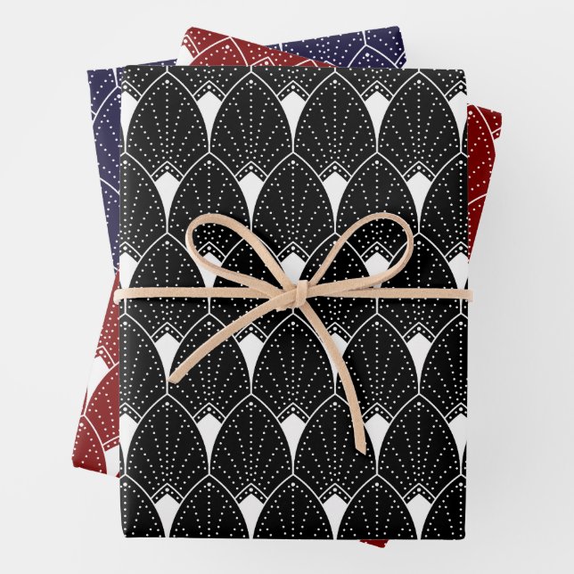 Feuille De Papier Cadeau White Art Deco Pattern On Black (En situation)