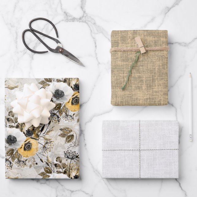 Feuille De Papier Cadeau White, yellow anemones on a gray-brown background. (Recto)