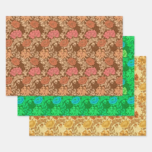 Feuille De Papier Cadeau William Morris Chrysanthèmes, Rouille, Vert & Or  (Lot)