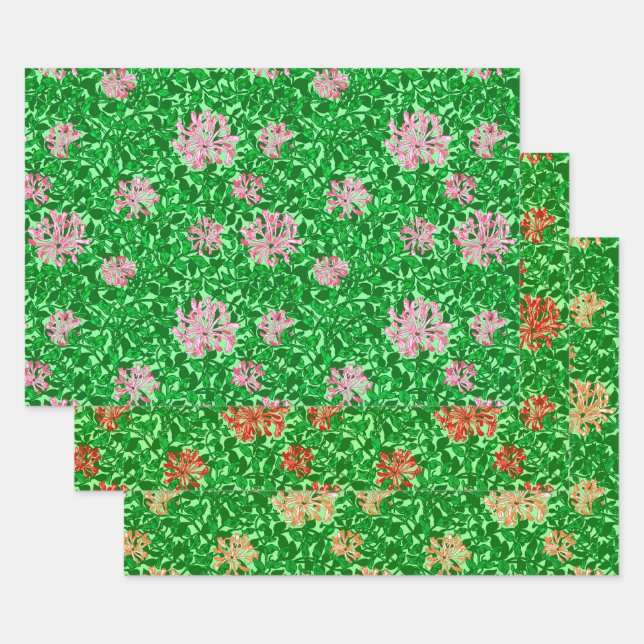 Feuille De Papier Cadeau William Morris Honeysuckle, Rose. Rouge, Pêche (Lot)