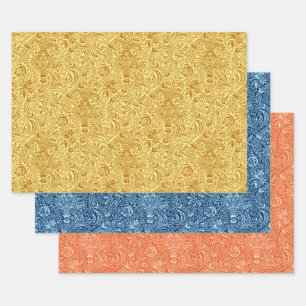 Feuille De Papier Cadeau William Morris Indien, moutarde, Bleu, Orange 