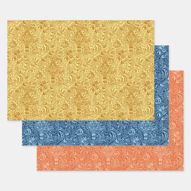Feuille De Papier Cadeau William Morris Indien, moutarde, Bleu, Orange  (Lot)