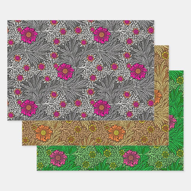 Feuille De Papier Cadeau William Morris Marigold, Vert, Brown et gris (Lot)
