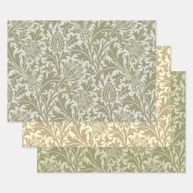 Feuille De Papier Cadeau William Morris Thistle Sage Green Motif (Lot)