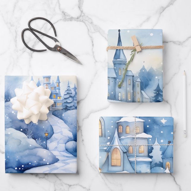 Feuille De Papier Cadeau Winter Fairytale Snowy Castle Scène Bleu et Blanc (Recto)