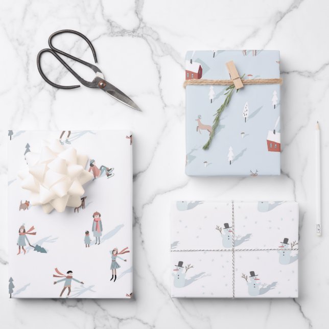 Feuille De Papier Cadeau Winter People Village Snowman Noël Holiday (Recto)