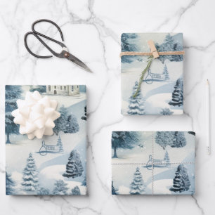 Feuille De Papier Cadeau Winter Wonderland : Arbre de Noël bleu et blanc