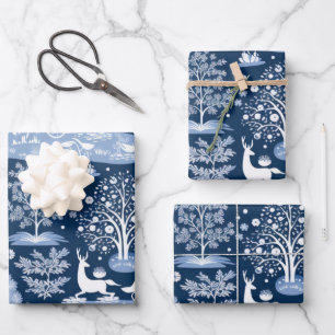 Feuille De Papier Cadeau Winter Wonderland : Arbre de Noël bleu et blanc
