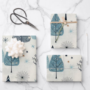 Feuille De Papier Cadeau Winter Wonderland : Arbre de Noël bleu et blanc