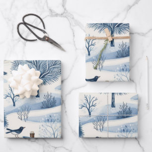 Feuille De Papier Cadeau Winter Wonderland : Arbre de Noël bleu et blanc