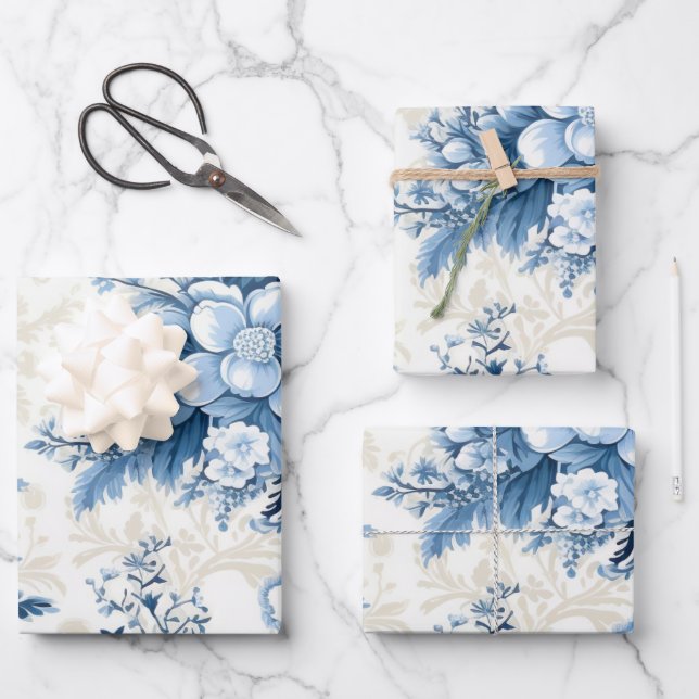 Feuille De Papier Cadeau Winter Wonderland : Arbre de Noël bleu et blanc (Recto)