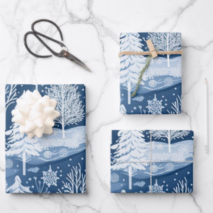 Feuille De Papier Cadeau Winter Wonderland : Arbre de Noël bleu et blanc