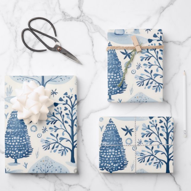 Feuille De Papier Cadeau Winter Wonderland : Arbre de Noël bleu et blanc (Recto)