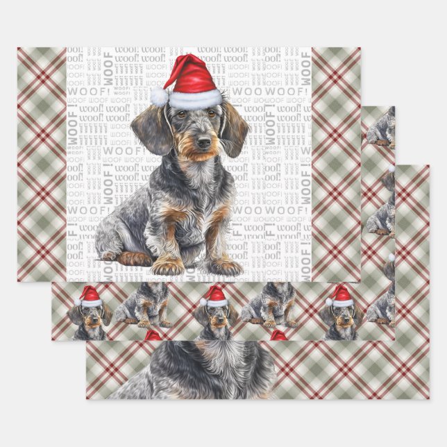 Feuille De Papier Cadeau Wirehair Dachshund Dog Red Plaid Christmas (Lot)