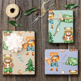 Feuille De Papier Cadeau Woodland Camping Animaux Enfants Motif d'aquarelle