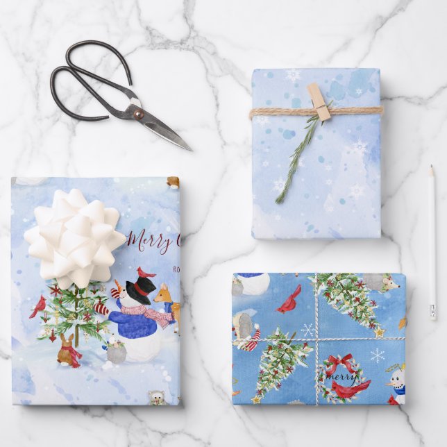 Feuille De Papier Cadeau Woodland Christmas Snowman Cardinal Deer Snowflake (Recto)
