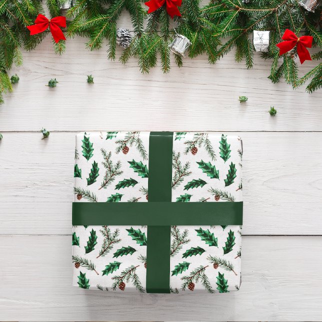 Feuille De Papier Cadeau Woodland Fall Green, White & Gold Cadeau de Noël (Créateur téléchargé)