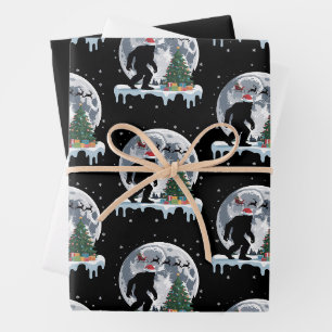 Feuille De Papier Cadeau Xmas Bigfoot Père Noël Arbre Traîneau Lune Renne N