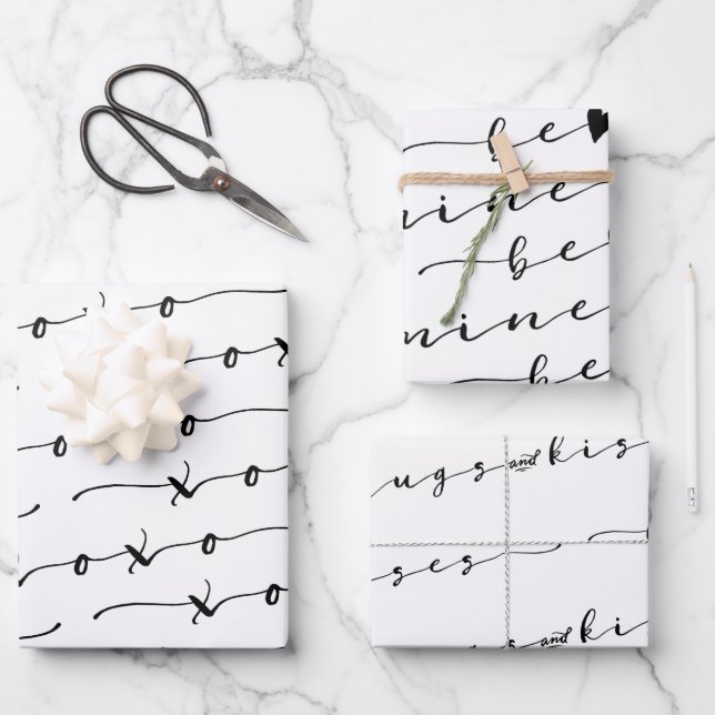 Feuille De Papier Cadeau XO XO Be Mine Blanc & Noir Calligraphie Valentine (Recto)