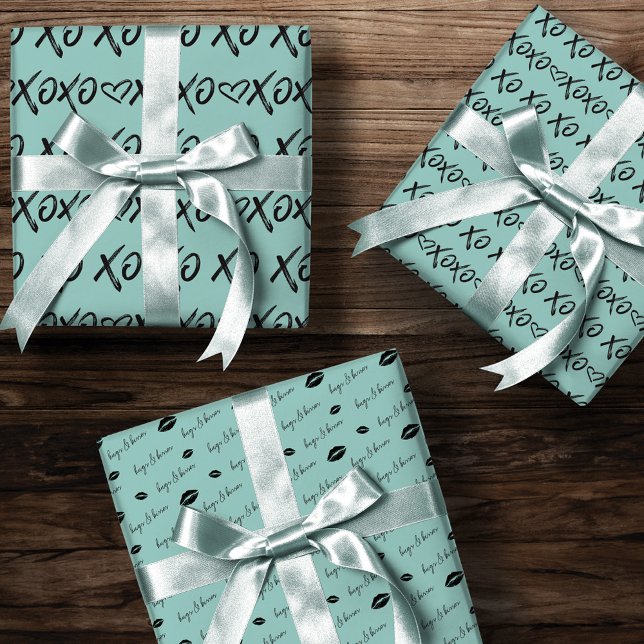 Feuille De Papier Cadeau XOXO Boîtes & Baisers Brosse Script Noir & Mint (XOXO Hugs & Kisses Brush Script Black & Mint Wrapping Paper Sheets)
