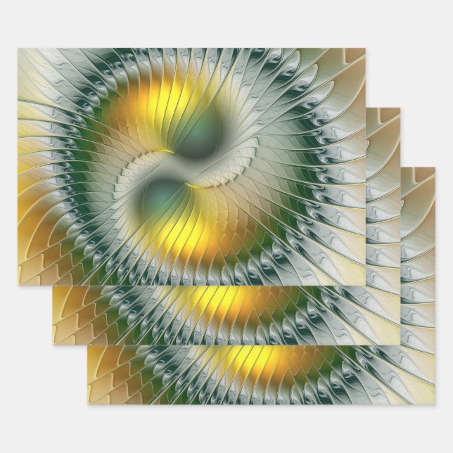 Feuille De Papier Cadeau Yin Yang Vert Jaune Abstrait coloré Fractal (Lot)