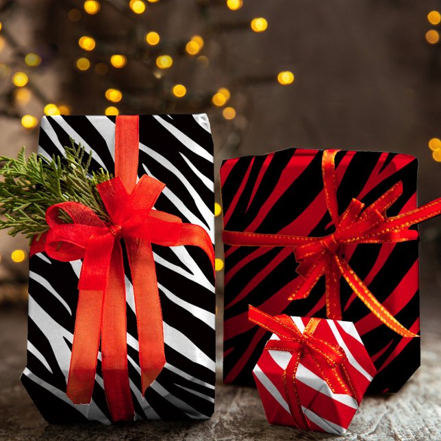 Feuille De Papier Cadeau Zebra Print mignon moderne rouge blanc noir Noël (Créateur téléchargé)